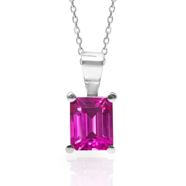 Blush Elegance  Emerald-Cut Pink Sapphire Pendant in Rhodium-Plated Sterling Silver