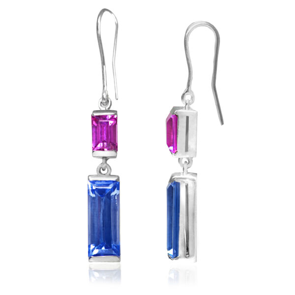 Royal Duo  Sapphire & Ruby Baguette Drop Earrings in Rhodium-Plated Sterling Silver