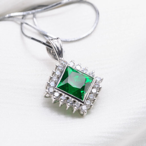 Emerald Royale  10 Carat Princess-Cut Emerald Halo Pendant in Sterling Silver