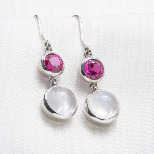 Luna Blush  Cat’s Eye Moonstone & Pink Sapphire Drop Earrings in Rhodium-Plated Sterling Silver