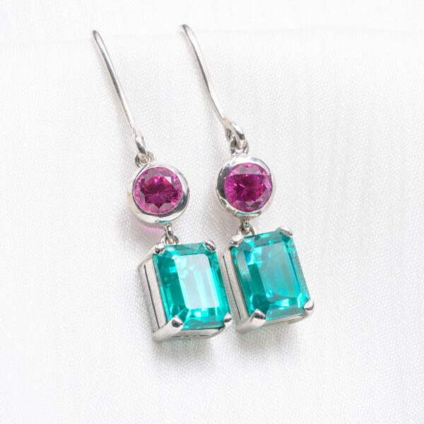 Imperial Lagoon  Paraíba & Ruby Drop Earrings in Rhodium-Plated Sterling Silver