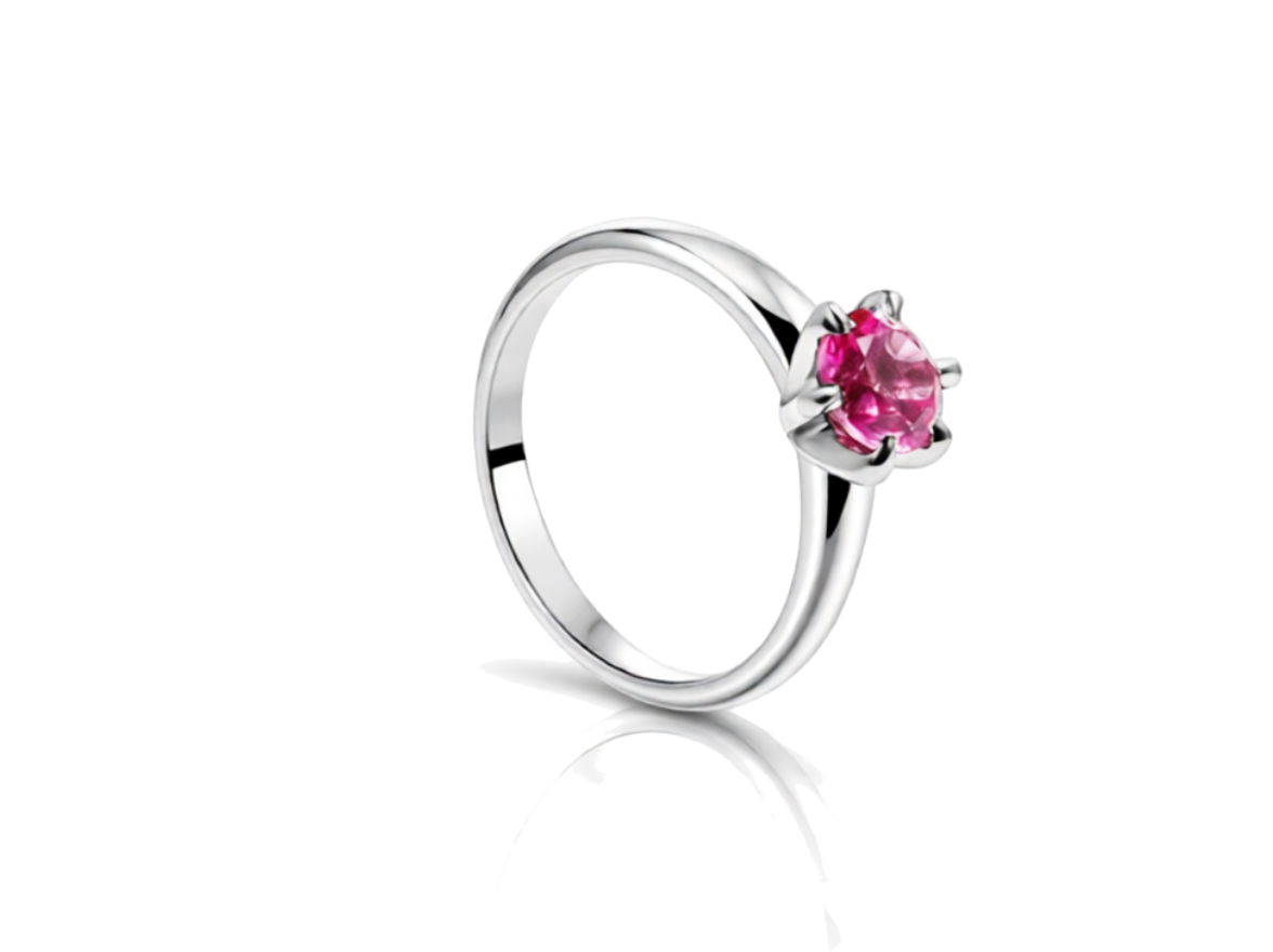 Round Brilliant Pink Lab Created Ruby Solitaire Ring – Sterling Silver