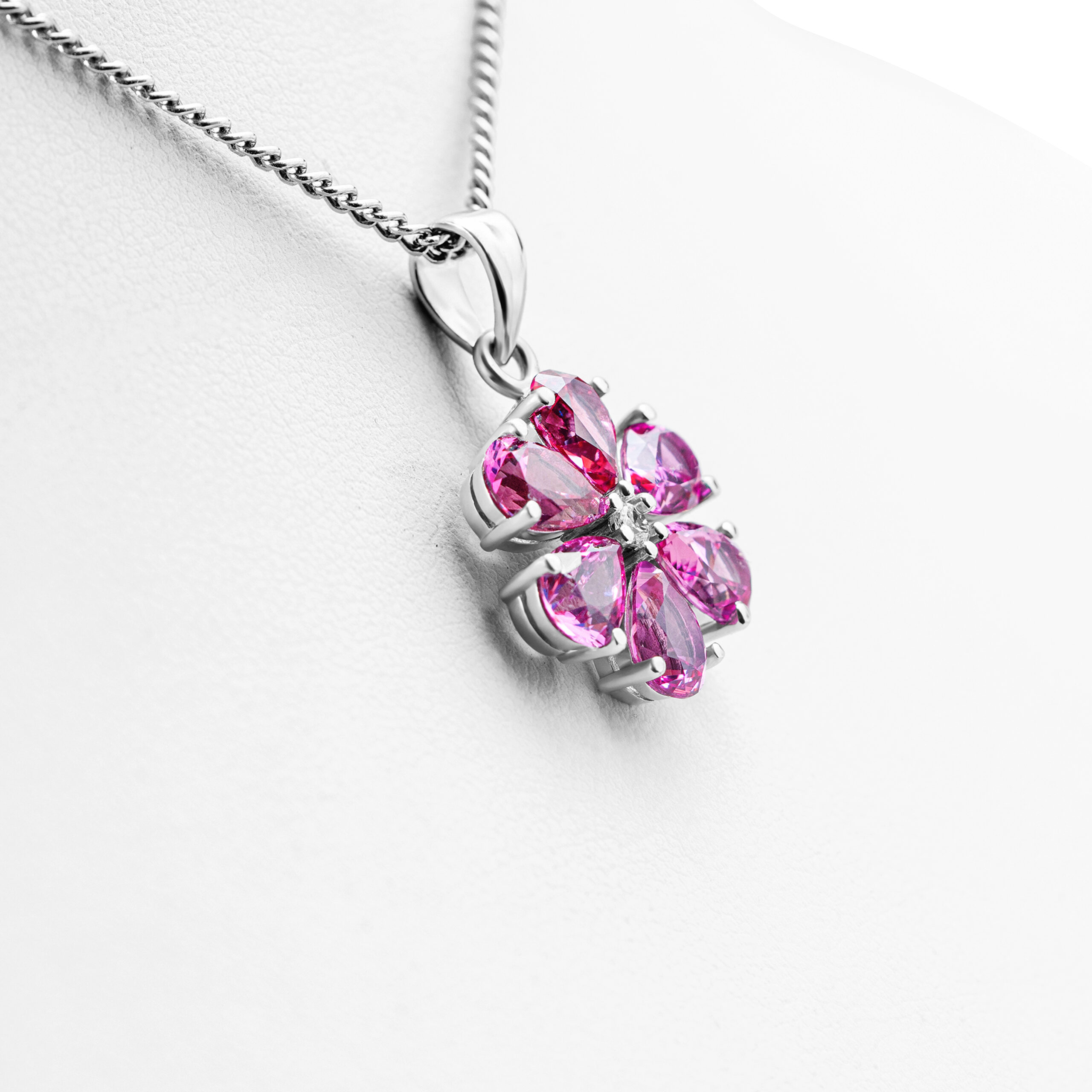 Radiant Blossom Lab-Created Ruby Flower Pendant in Sterling Silver - Image 2