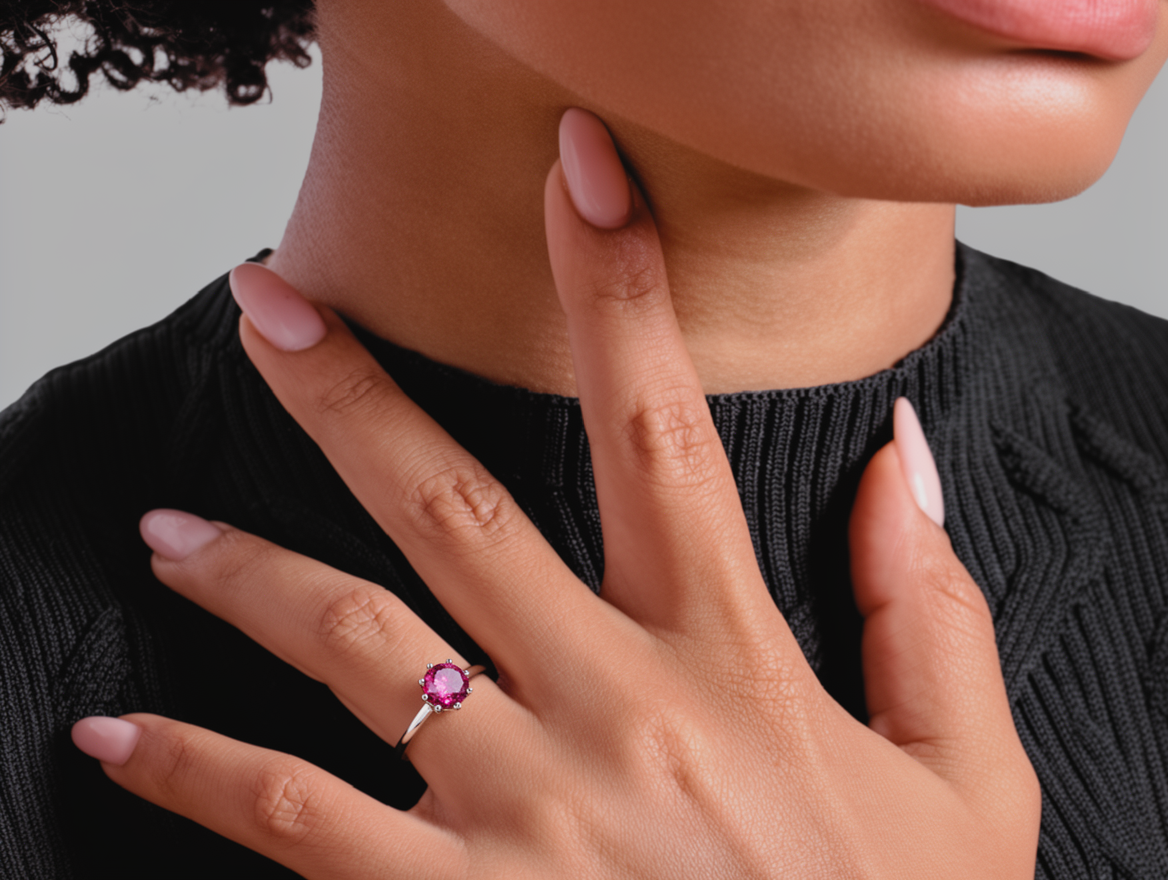 Round Brilliant Pink Lab Created Ruby Solitaire Ring – Sterling Silver - Image 2