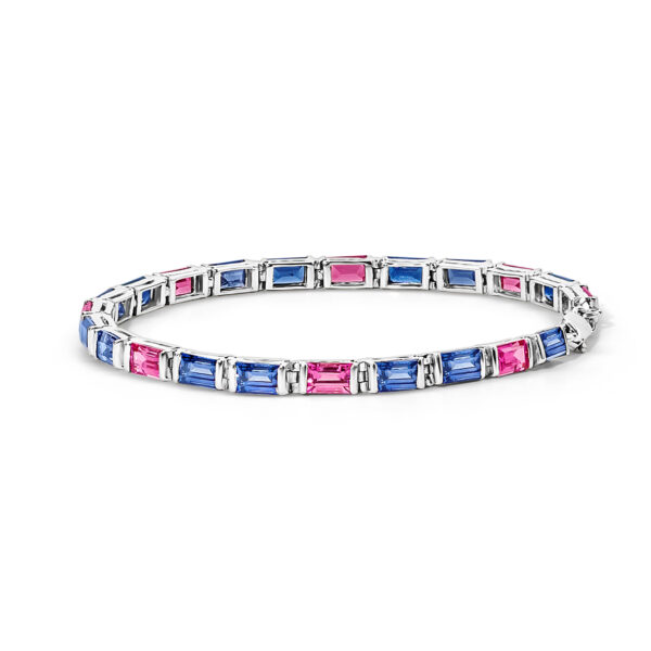 Royal Harmony  Blue & Pink Sapphire Baguette Bracelet in Sterling Silver
