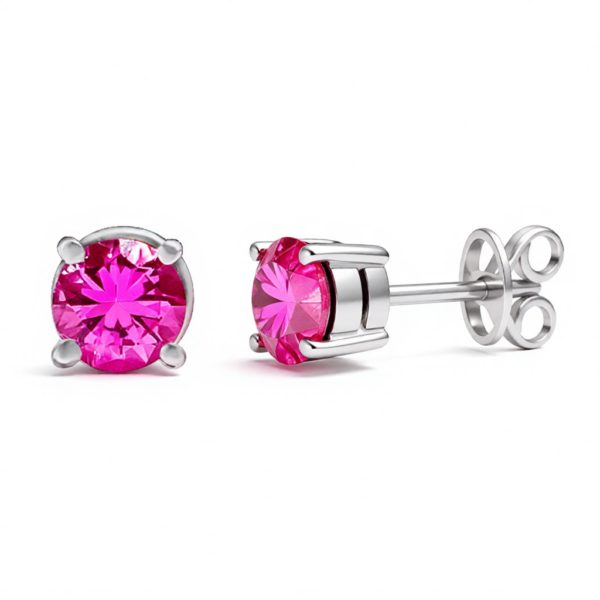 Round Brilliant Pink Ruby Stud Earrings - Sterling Silver