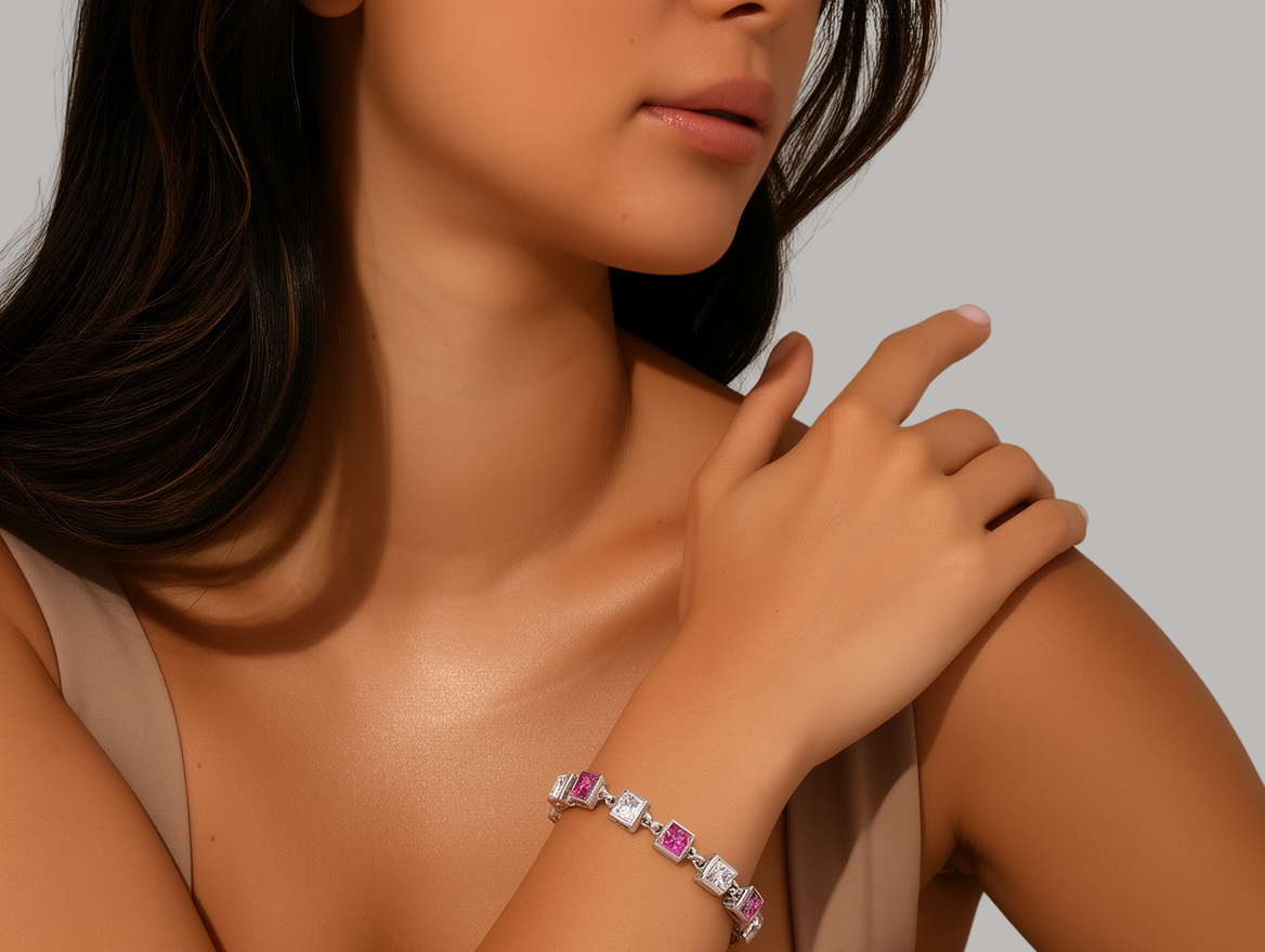 Alternating Pink Ruby and Sapphire SquareCut Bracelet – Sterling Silver - Image 2