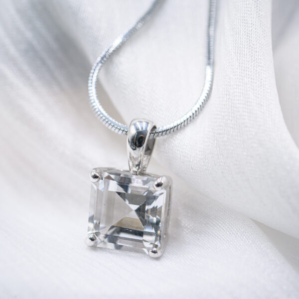 Asscher-Cut White Topaz Pendant in Sterling Silver – One-Hook Minimalist Design