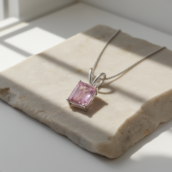 Pink Morganite Emerald-Cut Pendant in Rhodium-Plated Sterling Silver