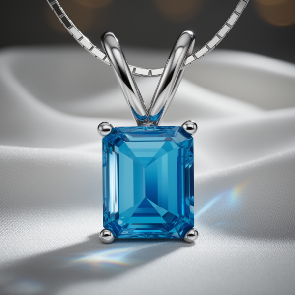 Swiss Blue Topaz Emerald-Cut Pendant in Rhodium-Plated Sterling Silver