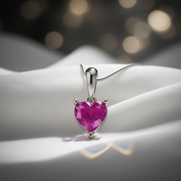 Dark Pink Sapphire Heart Pendant in Sterling Silver (One-Hook Design)