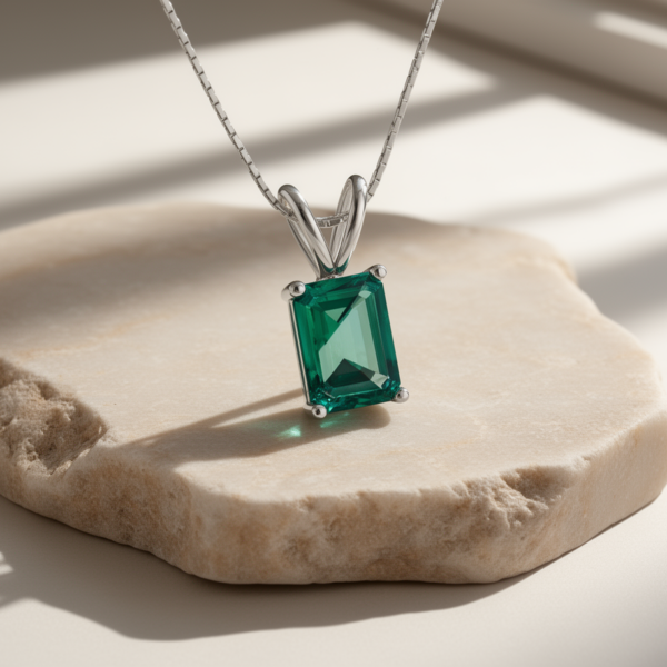 Colombian Emerald Emerald-Cut Pendant in Rhodium-Plated Sterling Silver