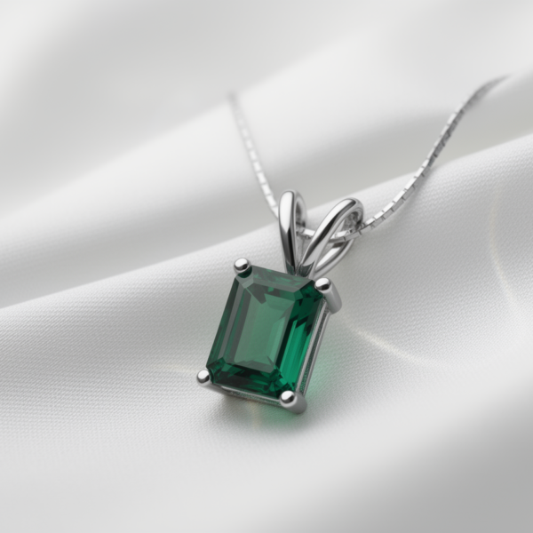 Aquamarine Emerald-Cut Pendant in Rhodium-Plated Sterling Silver