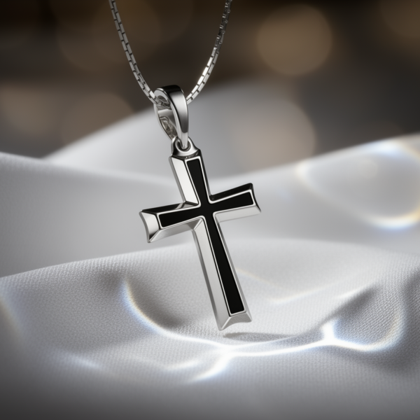 Blue & Black Enamel Cross Pendant in Rhodium-Plated Sterling Silver