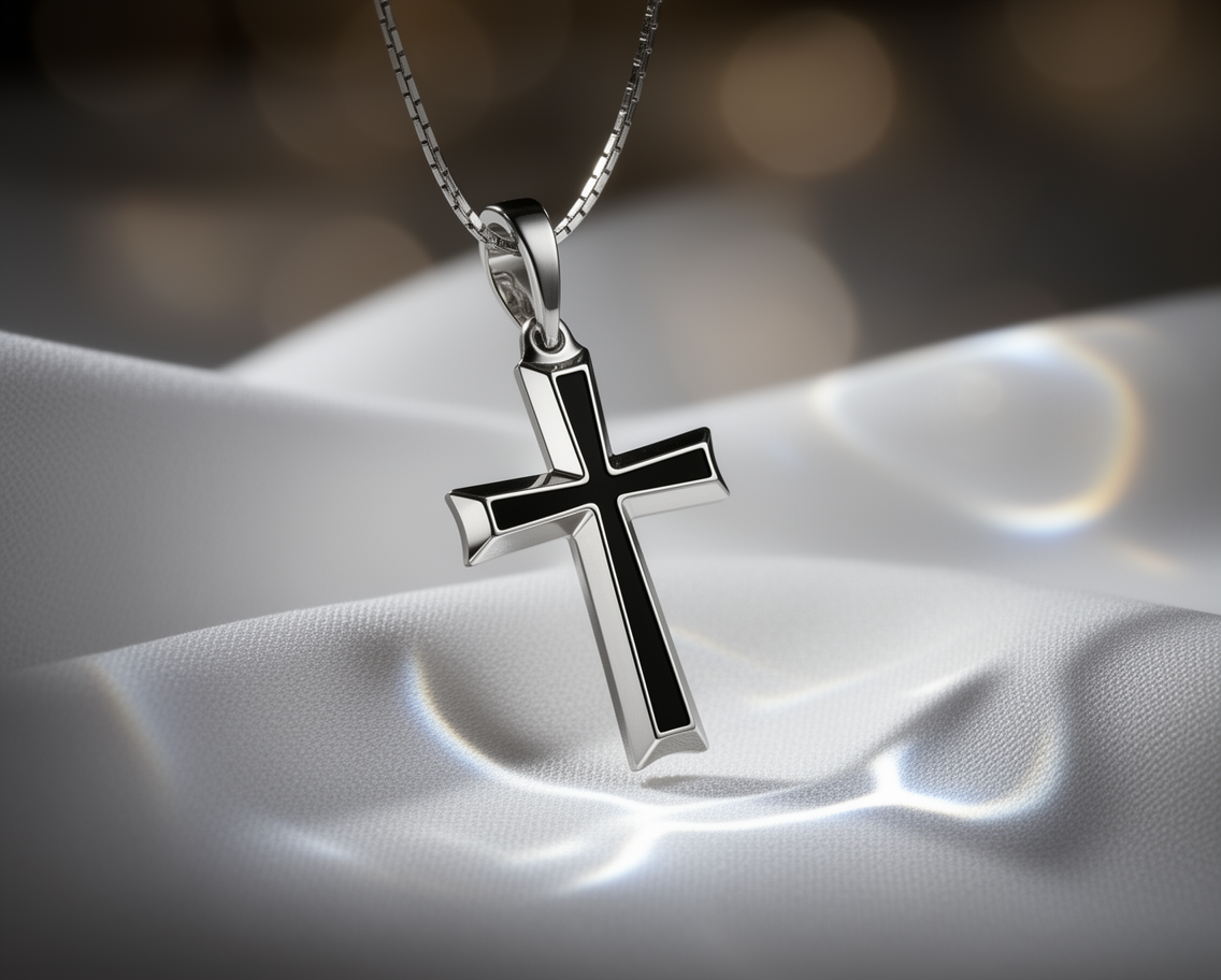 Blue & Black Enamel Cross Pendant in Rhodium-Plated Sterling Silver
