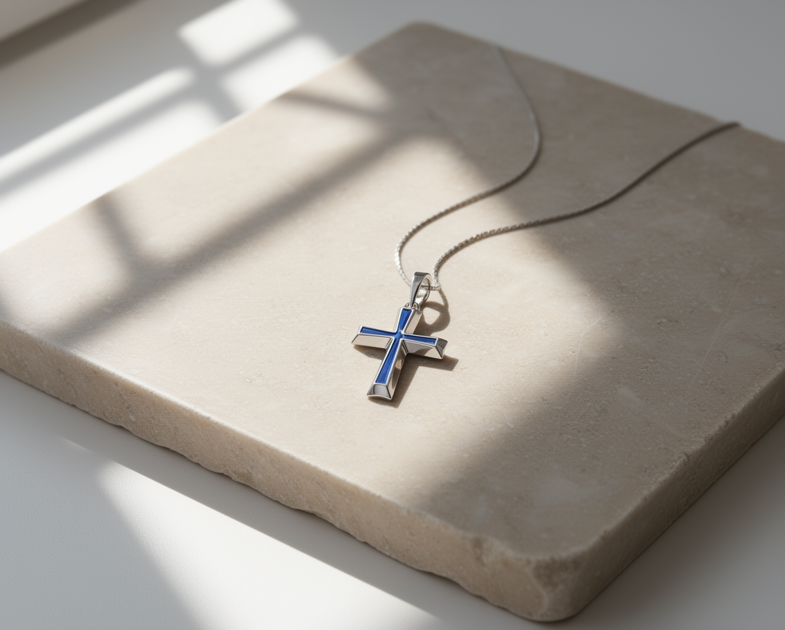 Blue & Black Enamel Cross Pendant in Rhodium-Plated Sterling Silver - Image 2
