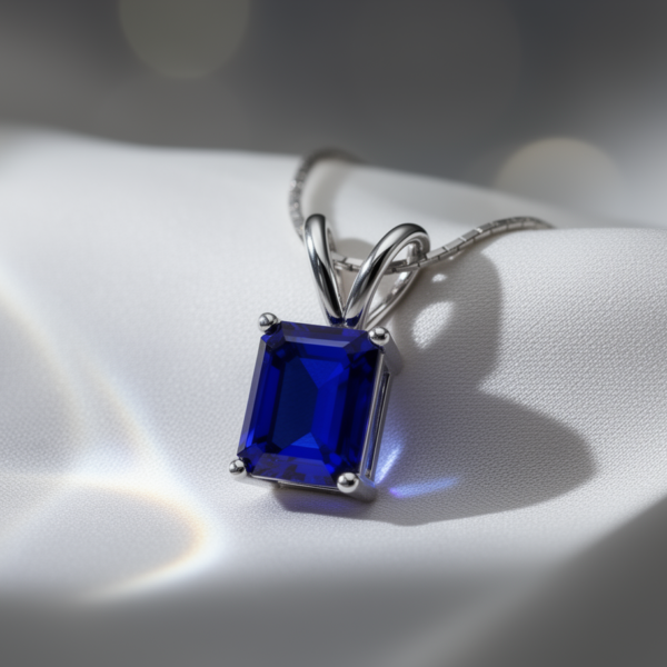 Royal Blue Sapphire Emerald-Cut Pendant in Rhodium-Plated Sterling Silver