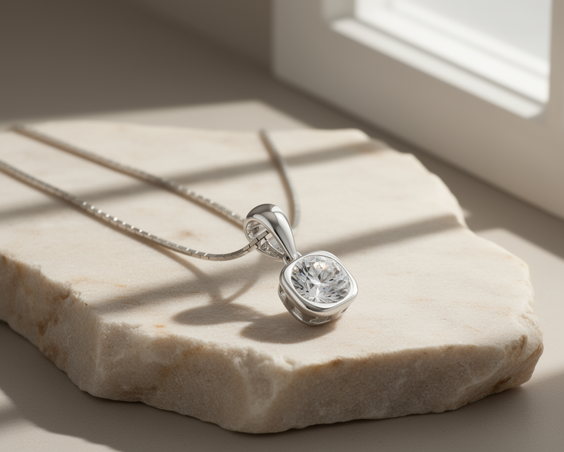 Cubic Zirconia Cushion-Frame Pendant in Rhodium-Plated Sterling Silver - Image 2