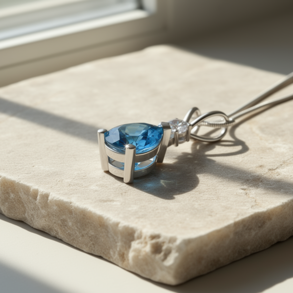 Ocean Halo Swiss Blue Topaz & Zircon Pear Pendant in Sterling Silver