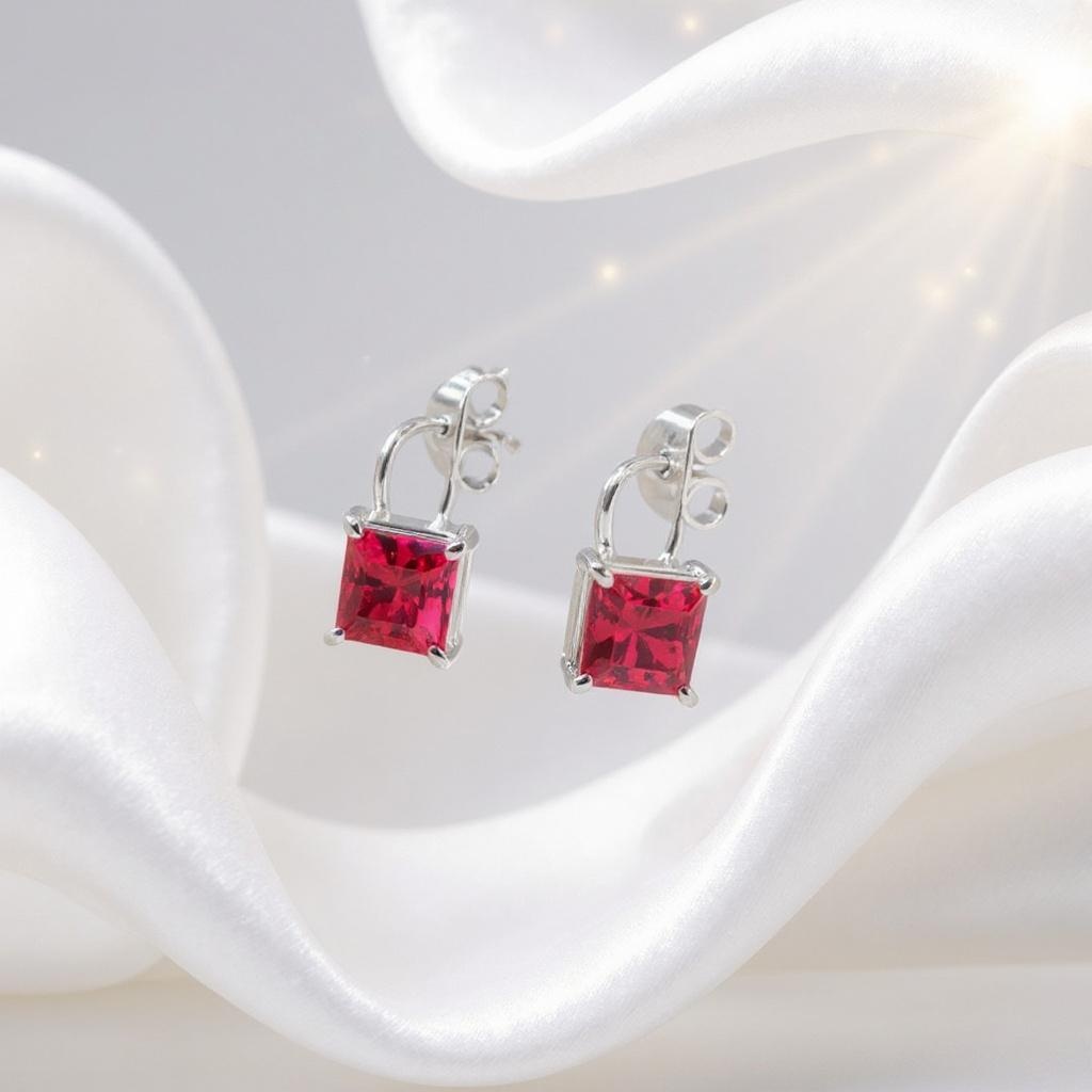 Royal Spark Princess-Cut Ruby Stud Earrings in Sterling Silver - Image 4