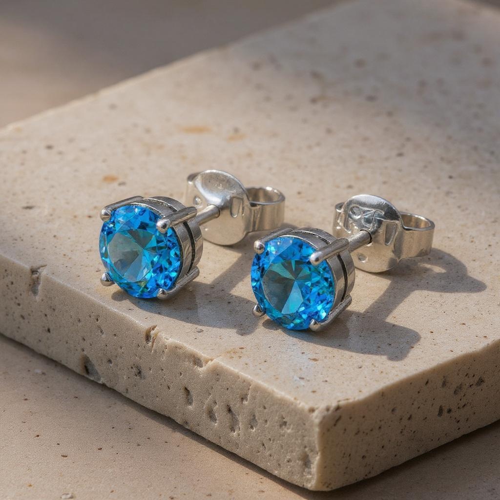 Ocean Spark Round Swiss Blue Topaz Stud Earrings in Sterling Silver - Image 5