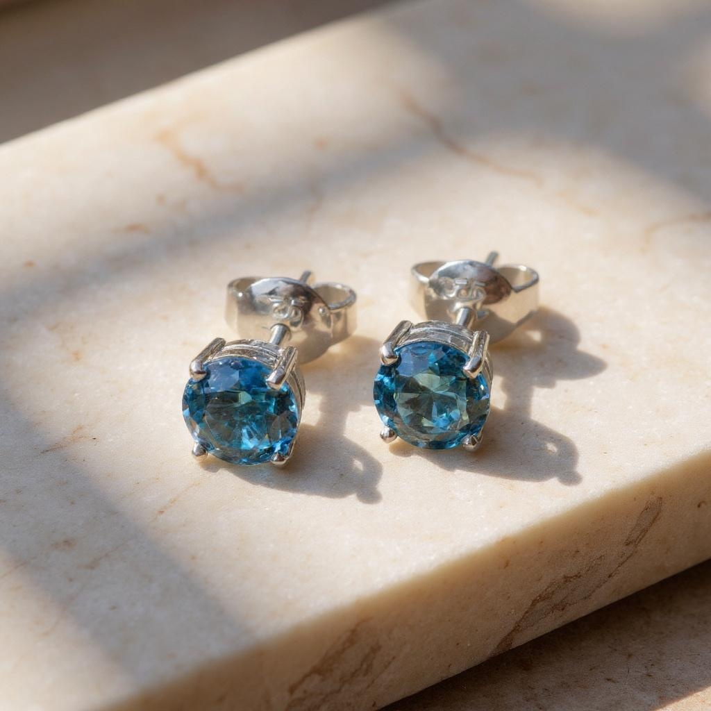 Ocean Spark Round Swiss Blue Topaz Stud Earrings in Sterling Silver - Image 9