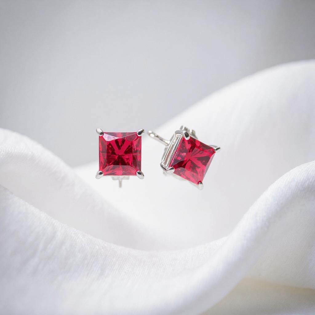 Royal Spark Princess-Cut Ruby Stud Earrings in Sterling Silver - Image 5