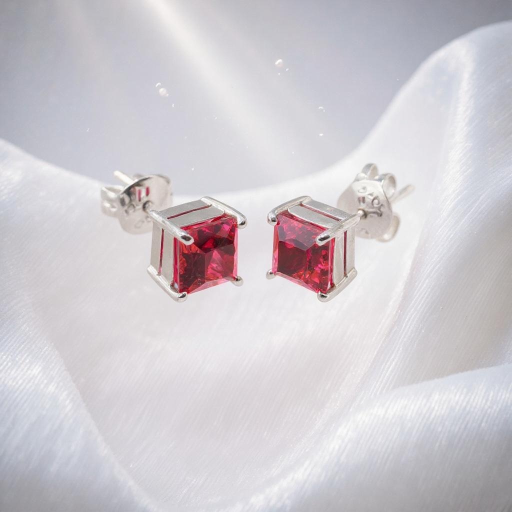 Royal Spark Princess-Cut Ruby Stud Earrings in Sterling Silver - Image 7