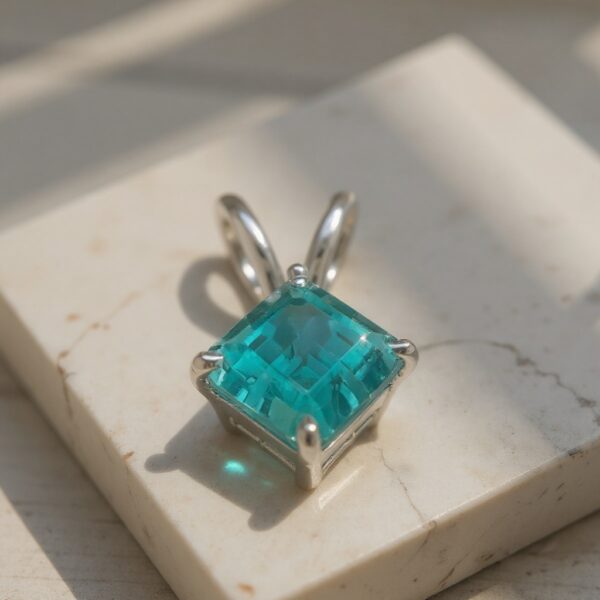 Ocean Fire Asscher-Cut Paraiba Tourmaline Pendant in Rhodium-Plated Sterling Silver